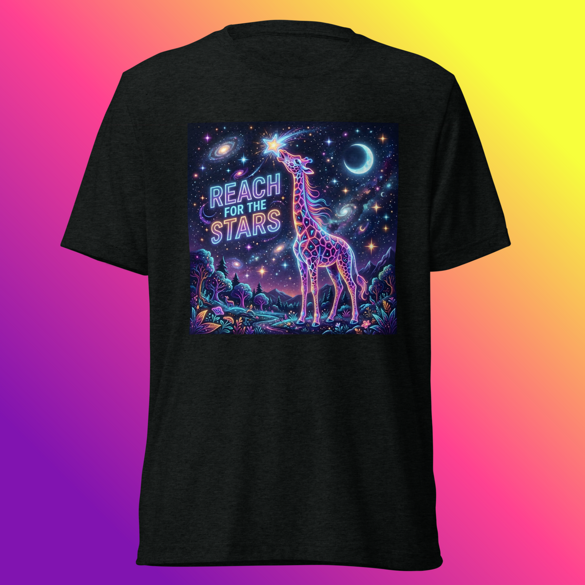 Black Reach For The Stars T-shirt with a neon giraffe reaching toward a glowing star amid galaxies, a crescent moon, and colorful forest scenery.