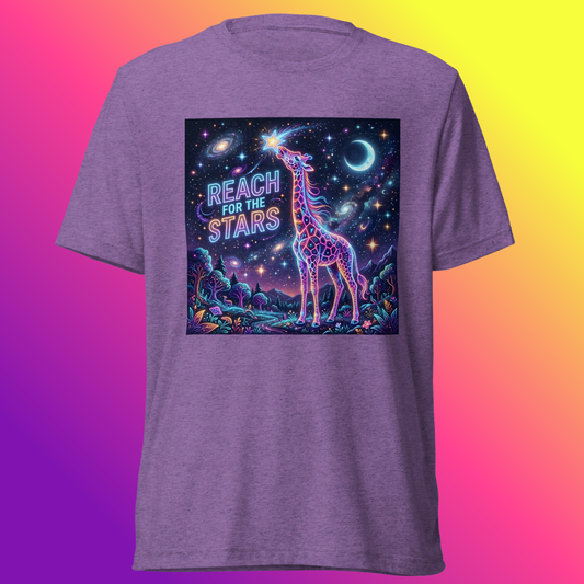 Purple T-shirt featuring a neon giraffe reaching toward a star, a crescent moon, and “Reach for the Stars” lettering against a colorful gradient background.