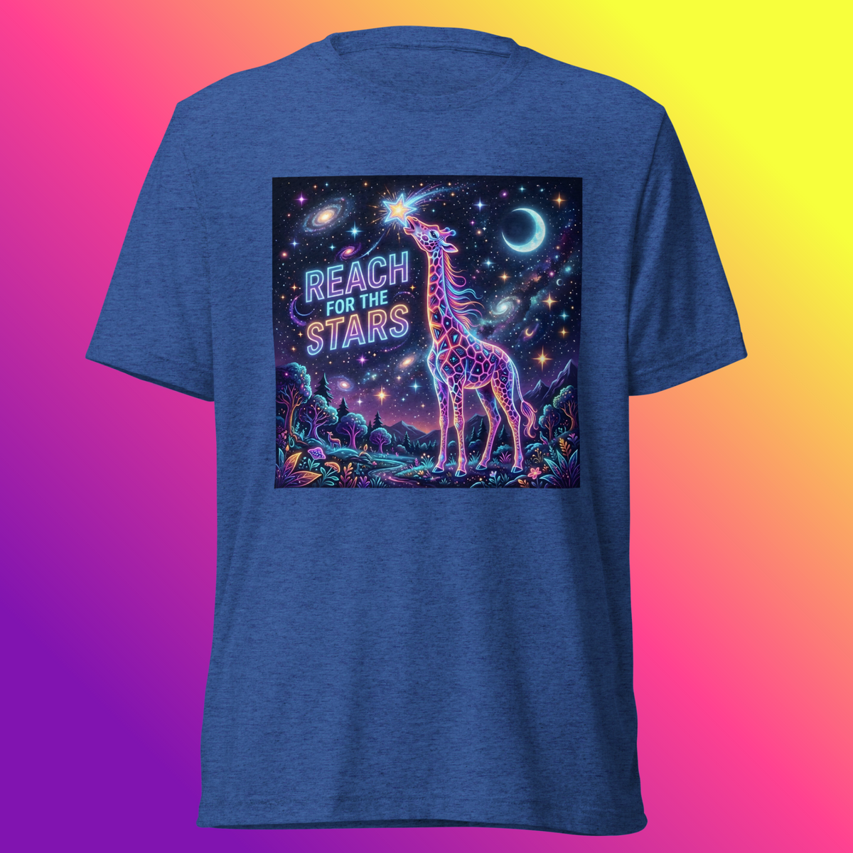 Royal-blue Reach For The Stars T-shirt featuring a neon giraffe beneath a star-filled sky with a crescent moon and “Reach for the Stars” lettering.