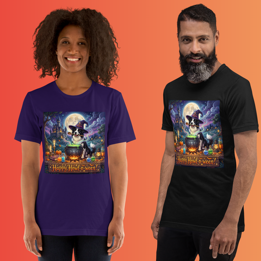 Scout- Happy Howl-o-ween! Unisex T-Shirt hero lifestyle shot — smiling Black female model and Middle Eastern male model wearing black tee showing front graphic of border collie Scout in witch hat stirring glowing green cauldron with pumpkins potions and haunted castle under full moon and "Happy Howl-o-ween!" text against orange to red gradient background