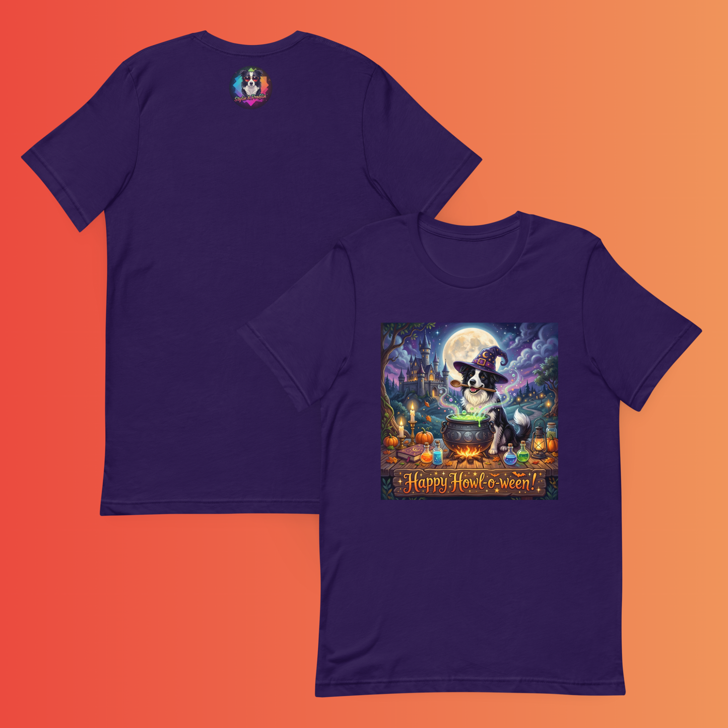 Scout- Happy Howl-o-ween! Unisex T-Shirt product shot — team purple tee front and back flat lay showing front graphic of border collie Scout in witch hat stirring glowing green cauldron with pumpkins potions and haunted castle under full moon and "Happy Howl-o-ween!" text with Stylin' & Profilin' logo badge on back against orange to red gradient background