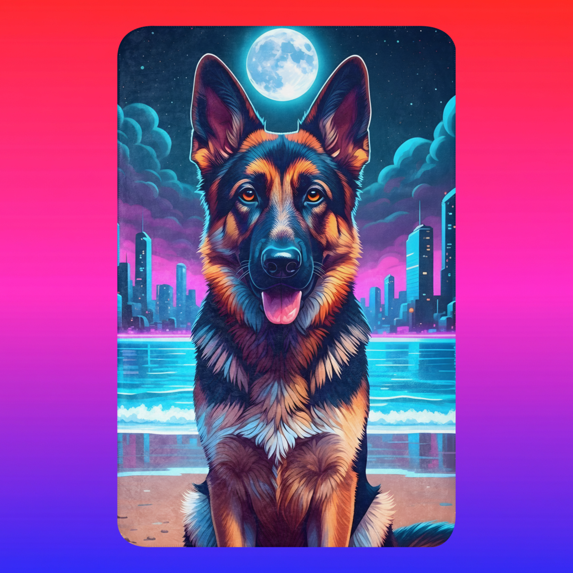Shepherd Synthwave Sherpa Blanket 37x57 product shot — smiling German shepherd seated on neon synthwave beach with full moon teal waves and glowing cyberpunk city skyline with tan sherpa backing on red-to-blue gradient background