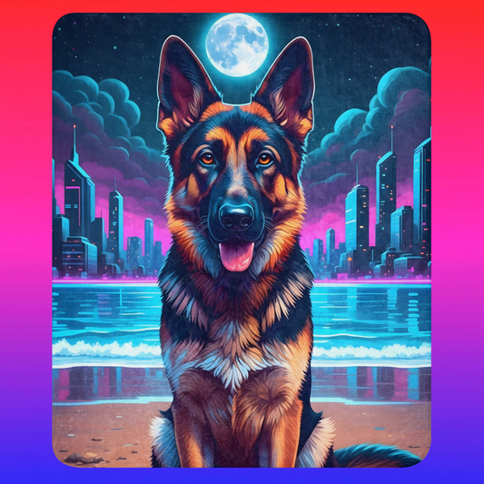Shepherd Synthwave Sherpa Blanket 50x60 product shot — smiling German shepherd seated on neon synthwave beach with full moon teal waves and glowing cyberpunk city skyline with tan sherpa backing on red-to-blue gradient background