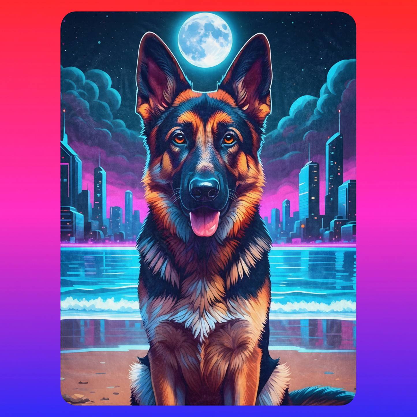 Shepherd Synthwave Sherpa Blanket 60x80 product shot — smiling German shepherd seated on neon synthwave beach with full moon teal waves and glowing cyberpunk city skyline with tan sherpa backing on red-to-blue gradient background
