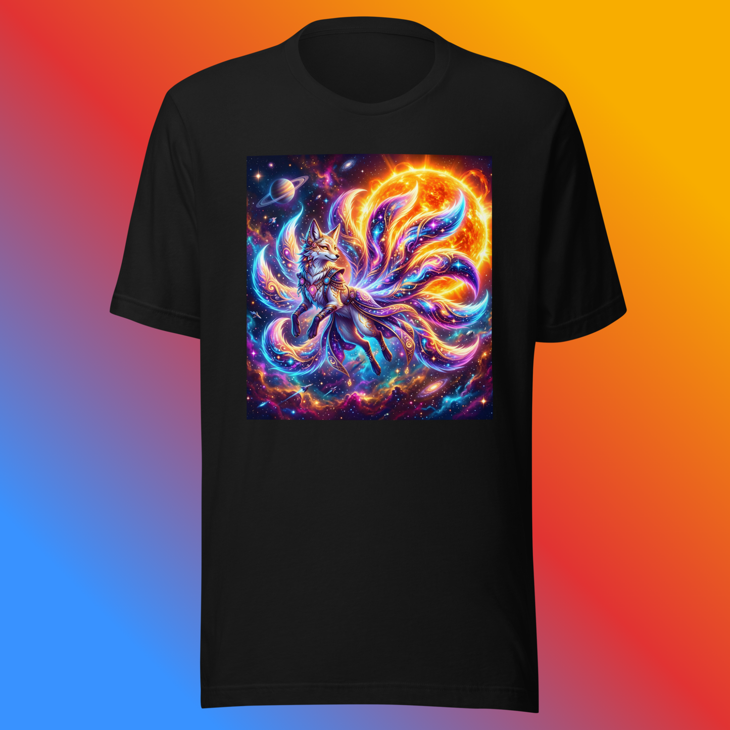 Solar Kitsune Unisex T-Shirt product shot — black tee with nine-tailed kitsune fox with neon rainbow swirling tails surrounded by glowing solar flare and cosmic nebula with Saturn and stars on blue, red, and orange gradient background