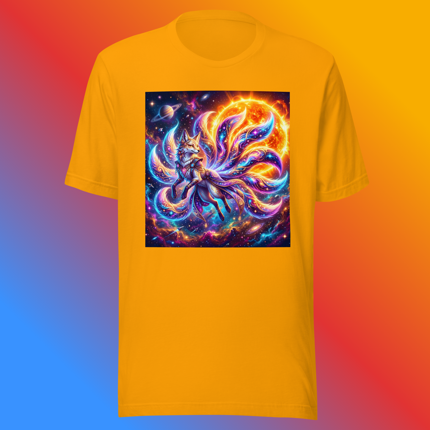 Solar Kitsune Unisex T-Shirt product shot — gold tee with nine-tailed kitsune fox with neon rainbow swirling tails surrounded by glowing solar flare and cosmic nebula with Saturn and stars on blue, red, and orange gradient background