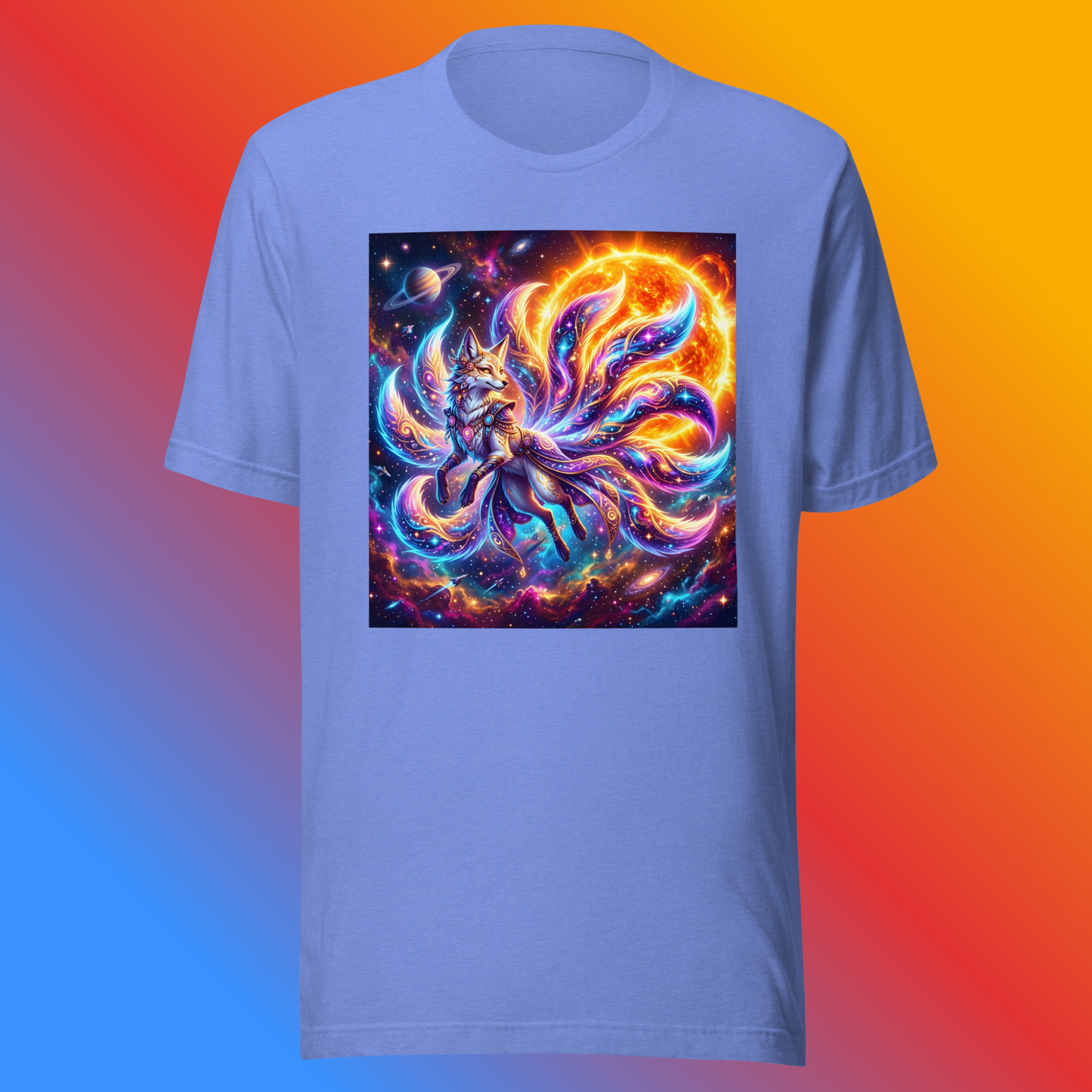 Solar Kitsune Unisex T-Shirt product shot — heather columbia tee with nine-tailed kitsune fox with neon rainbow swirling tails surrounded by glowing solar flare and cosmic nebula with Saturn and stars on blue, red, and orange gradient background