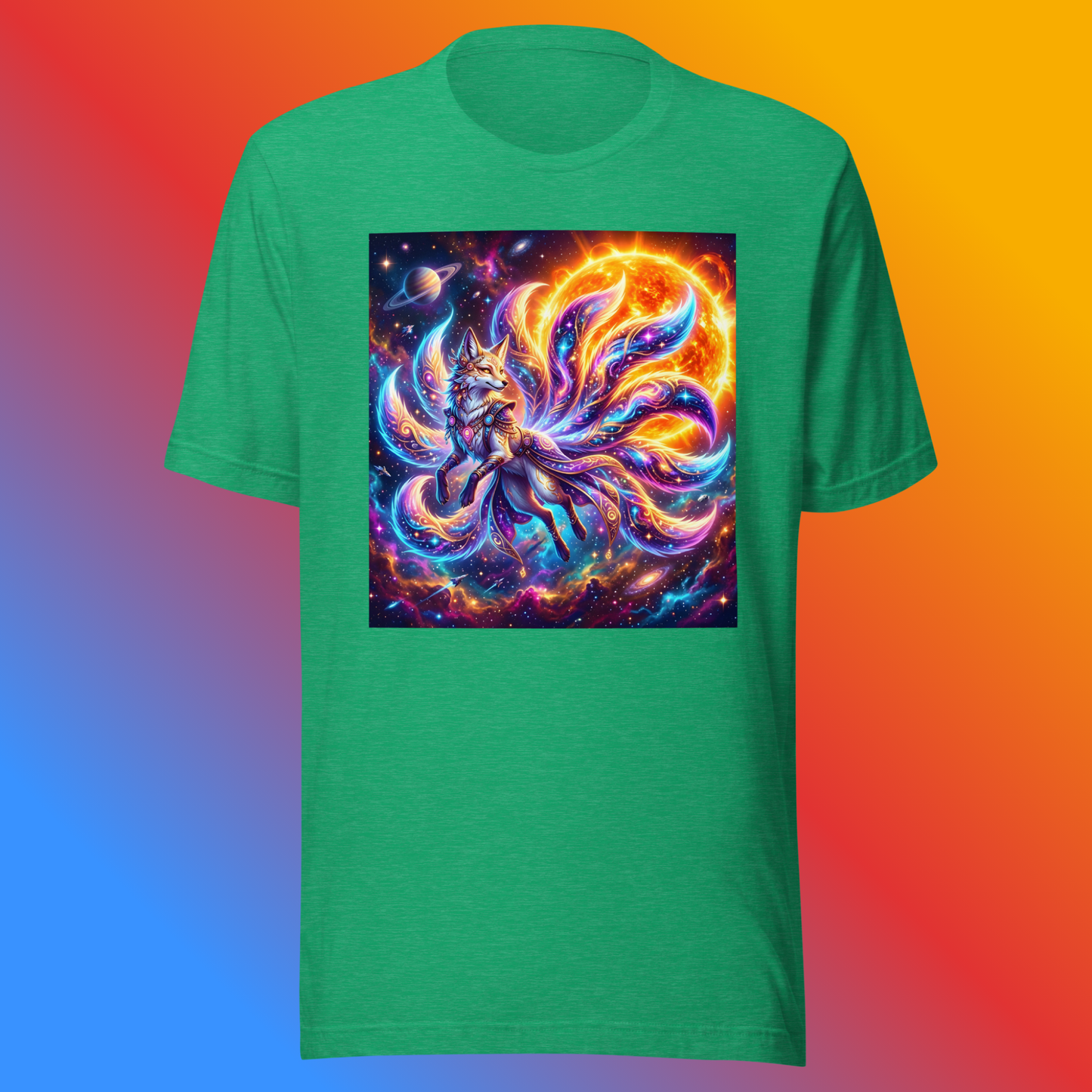 Solar Kitsune Unisex T-Shirt product shot — heather kelly tee with nine-tailed kitsune fox with neon rainbow swirling tails surrounded by glowing solar flare and cosmic nebula with Saturn and stars on blue, red, and orange gradient background