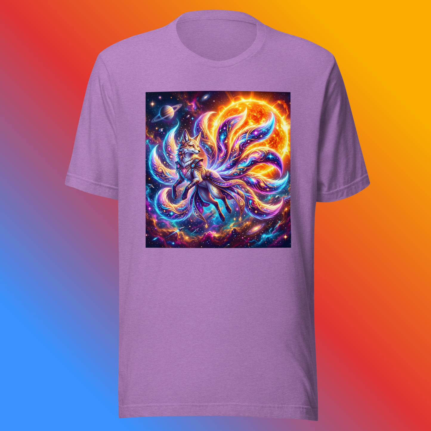 Solar Kitsune Unisex T-Shirt product shot — heather team purple tee with nine-tailed kitsune fox with neon rainbow swirling tails surrounded by glowing solar flare and cosmic nebula with Saturn and stars on blue, red, and orange gradient background