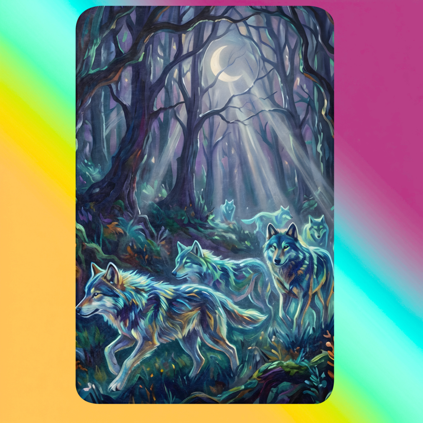 Spirit Wolfpack Sherpa Blanket product shot — 37x57 blanket laid flat showing five glowing spirit wolves running through moonlit dark forest with crescent moon rays of light filtering through bare twisted trees and mossy undergrowth on rainbow gradient background