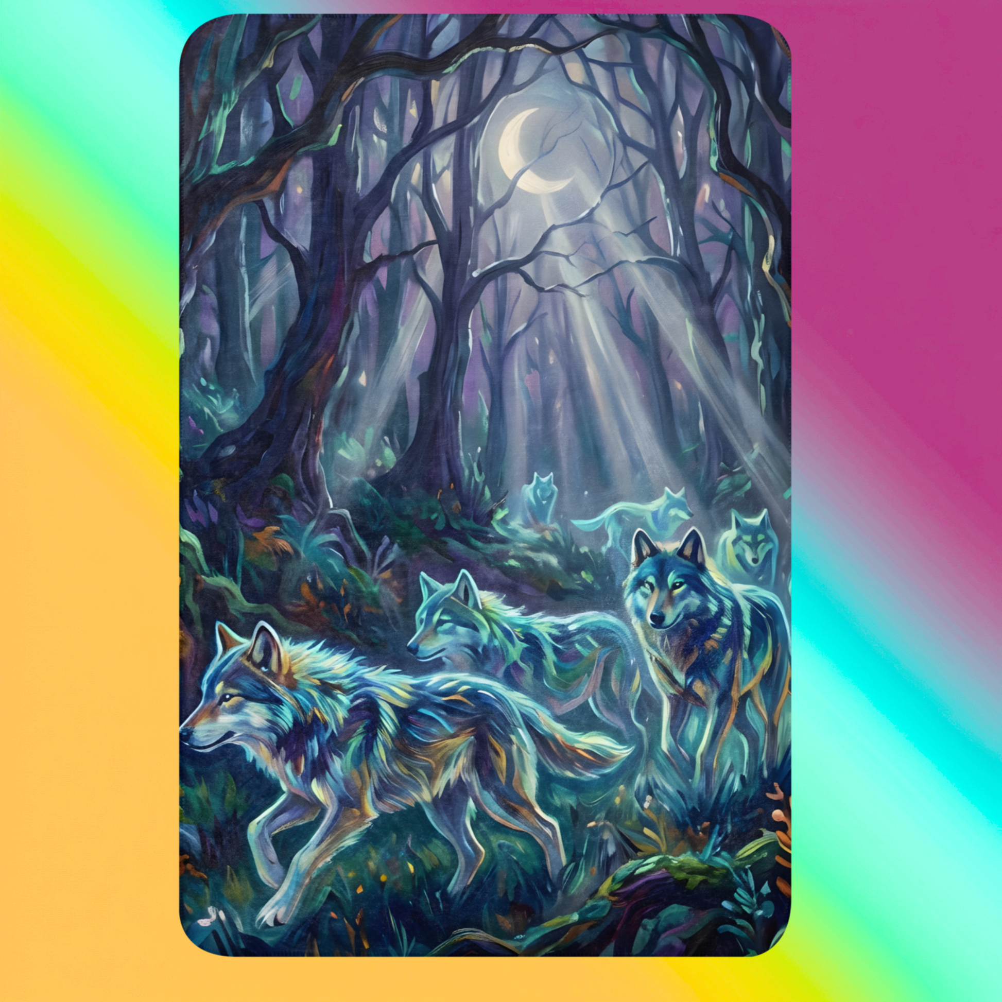 Spirit Wolfpack Sherpa Blanket product shot — 37x57 blanket laid flat showing five glowing spirit wolves running through moonlit dark forest with crescent moon rays of light filtering through bare twisted trees and mossy undergrowth on rainbow gradient background
