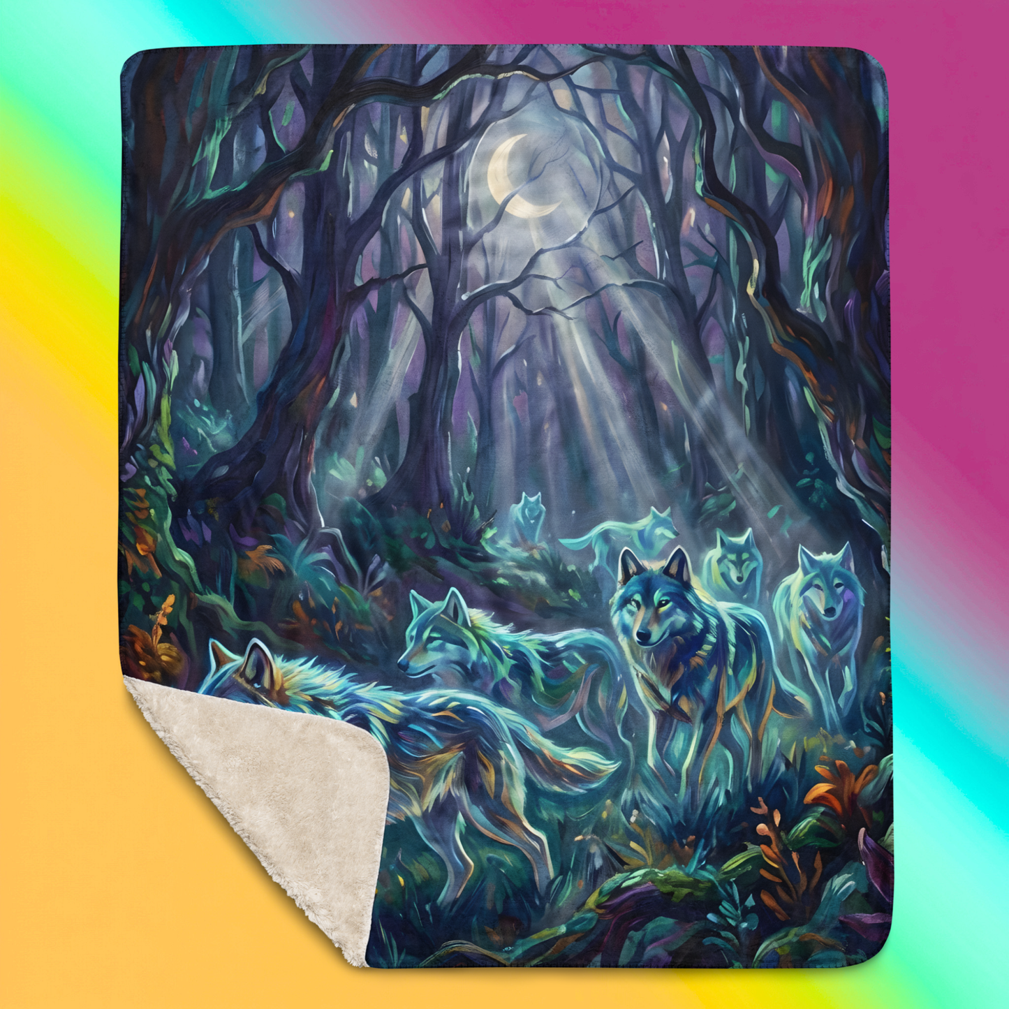 Spirit Wolfpack Sherpa Blanket product shot — 50x60 blanket laid flat showing pack of glowing teal spirit wolves moving through moonlit enchanted forest with crescent moon bare trees and colorful wildflowers on dark background with cream sherpa corner folded