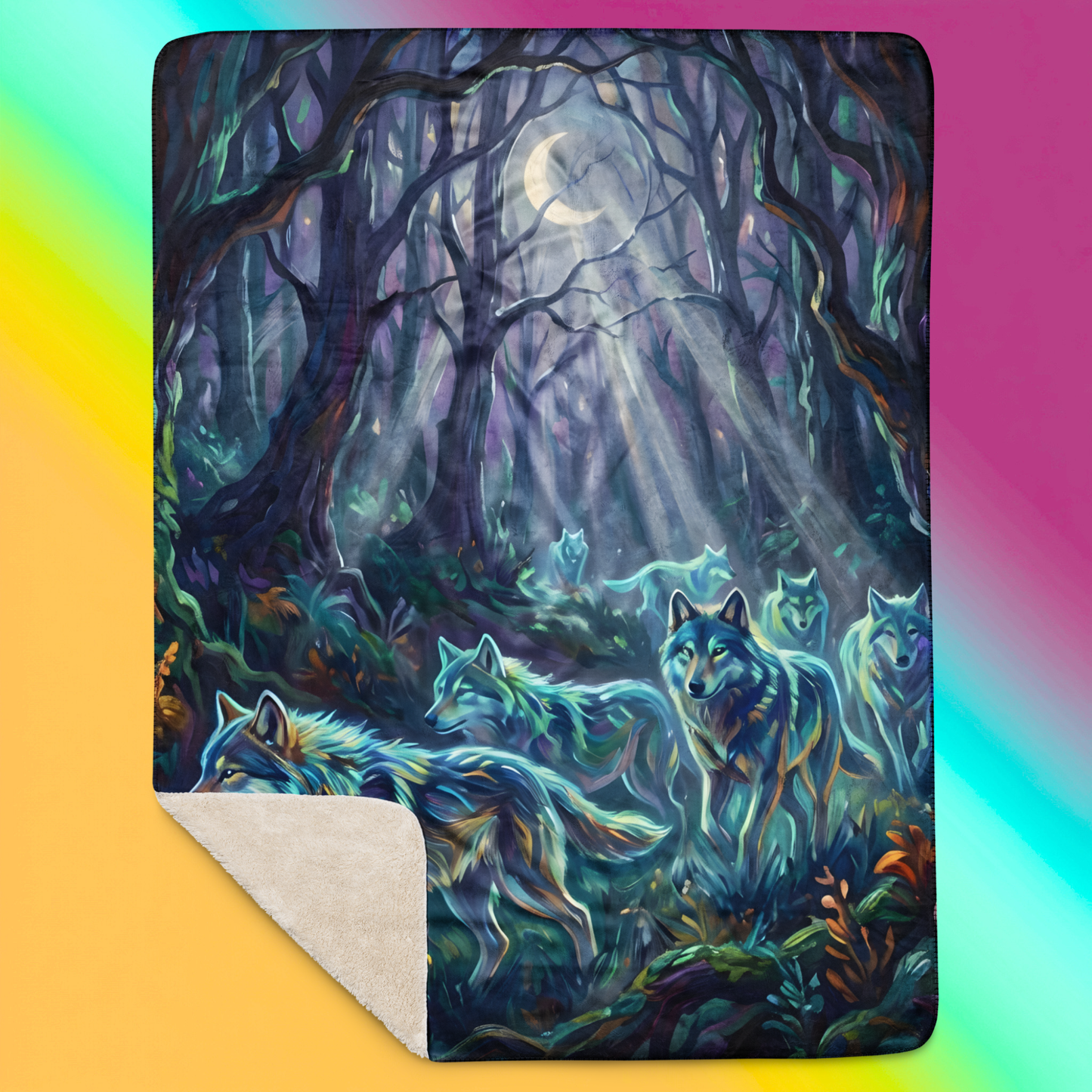 Spirit Wolfpack Sherpa Blanket product shot — 60x80 blanket laid flat showing pack of glowing teal spirit wolves moving through moonlit enchanted forest with crescent moon bare trees and colorful wildflowers on dark background with cream sherpa corner folded