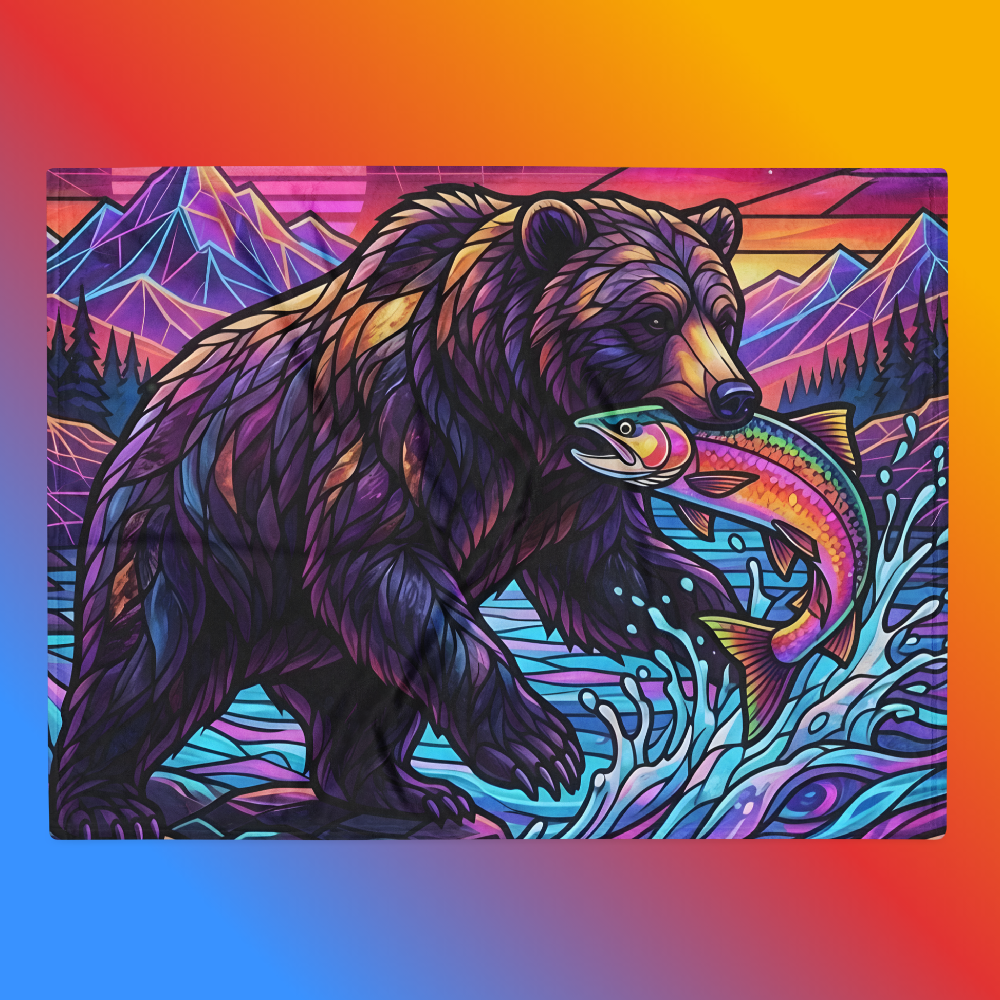 Stained Glass Grizzly Bear Throw Blanket 30x40 product shot — grizzly bear catching rainbow trout in neon synthwave river with retro grid mountains neon sunset and constellation starry sky with white fleece reverse on orange-to-blue gradient background