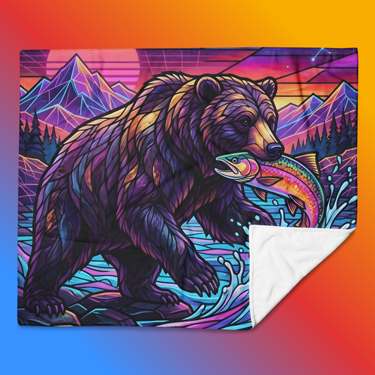 Stained Glass Grizzly Bear Throw Blanket 50x60 product shot — grizzly bear catching rainbow trout in neon synthwave river with retro grid mountains neon sunset and constellation starry sky with white fleece reverse on orange-to-blue gradient background