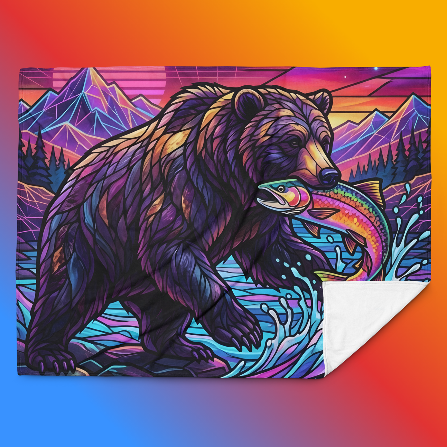 Stained Glass Grizzly Bear Throw Blanket 60x80 product shot — grizzly bear catching rainbow trout in neon synthwave river with retro grid mountains neon sunset and constellation starry sky with white fleece reverse on orange-to-blue gradient background