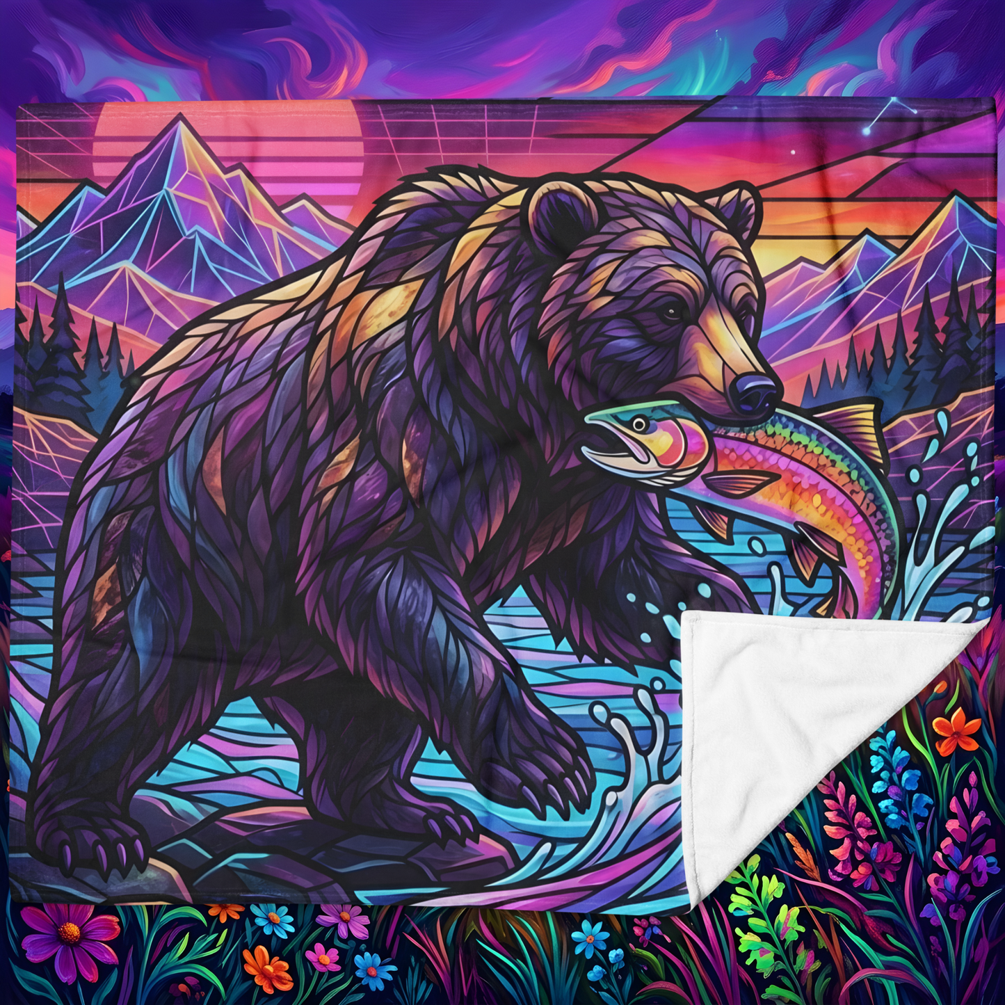 Stained Glass Grizzly Bear Throw Blanket