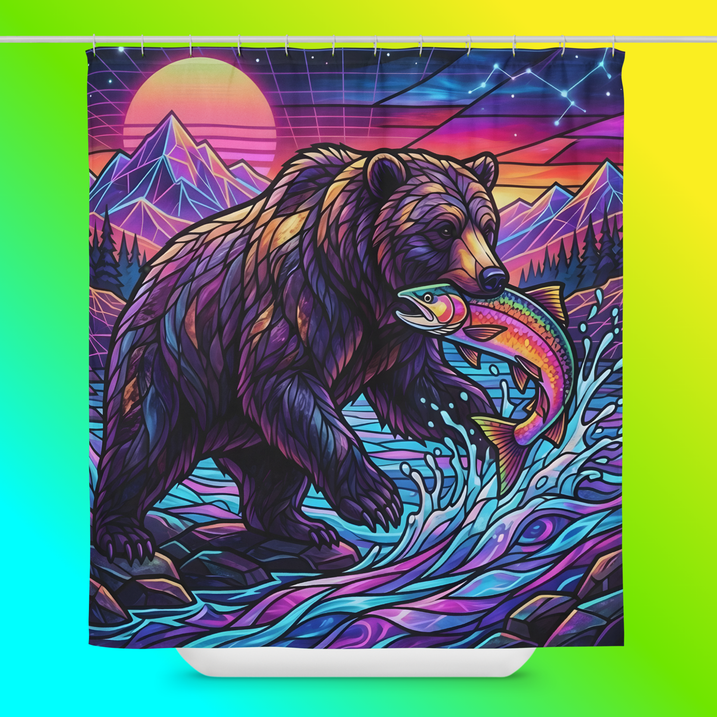 Stained Glass Grizzly Bear Shower Curtain product shot — grizzly bear catching rainbow trout in neon synthwave river with retro grid mountains neon sunset and constellation starry sky on purple-to-pink on a gradient background