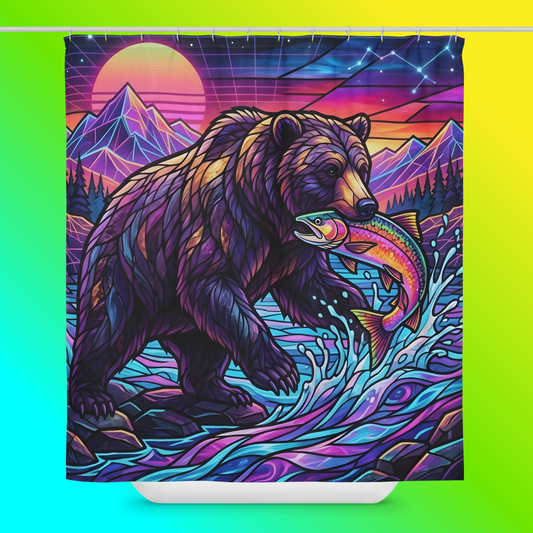 Stained Glass Grizzly Bear Shower Curtain product shot — grizzly bear catching rainbow trout in neon synthwave river with retro grid mountains neon sunset and constellation starry sky on purple-to-pink on a gradient background