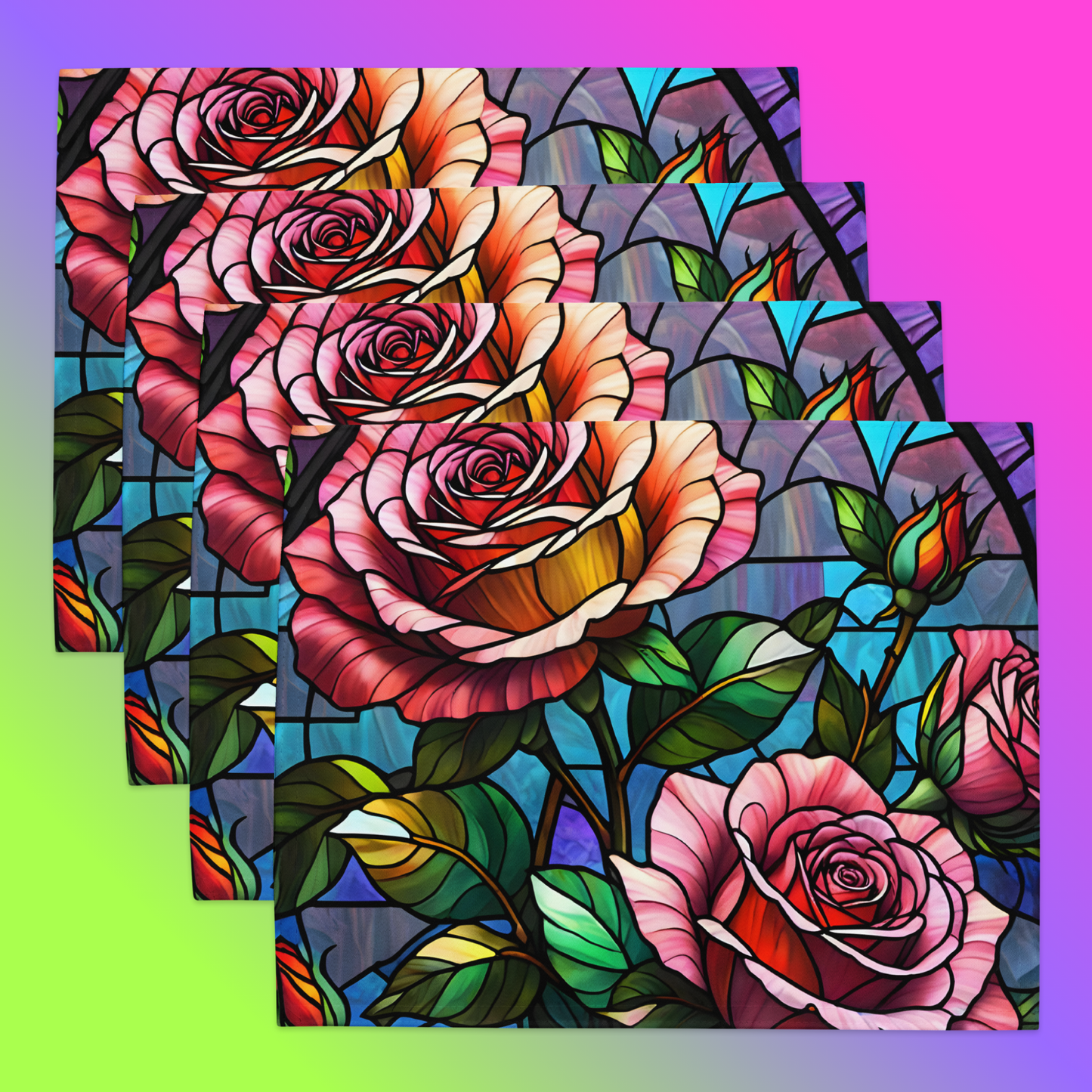 Stained Roses Placemat Set hero product shot — set of four placemats fanned out showing stained glass mosaic design of large pink and red roses with green leaves and colorful geometric background panels in blue purple and teal against pink to purple gradient background