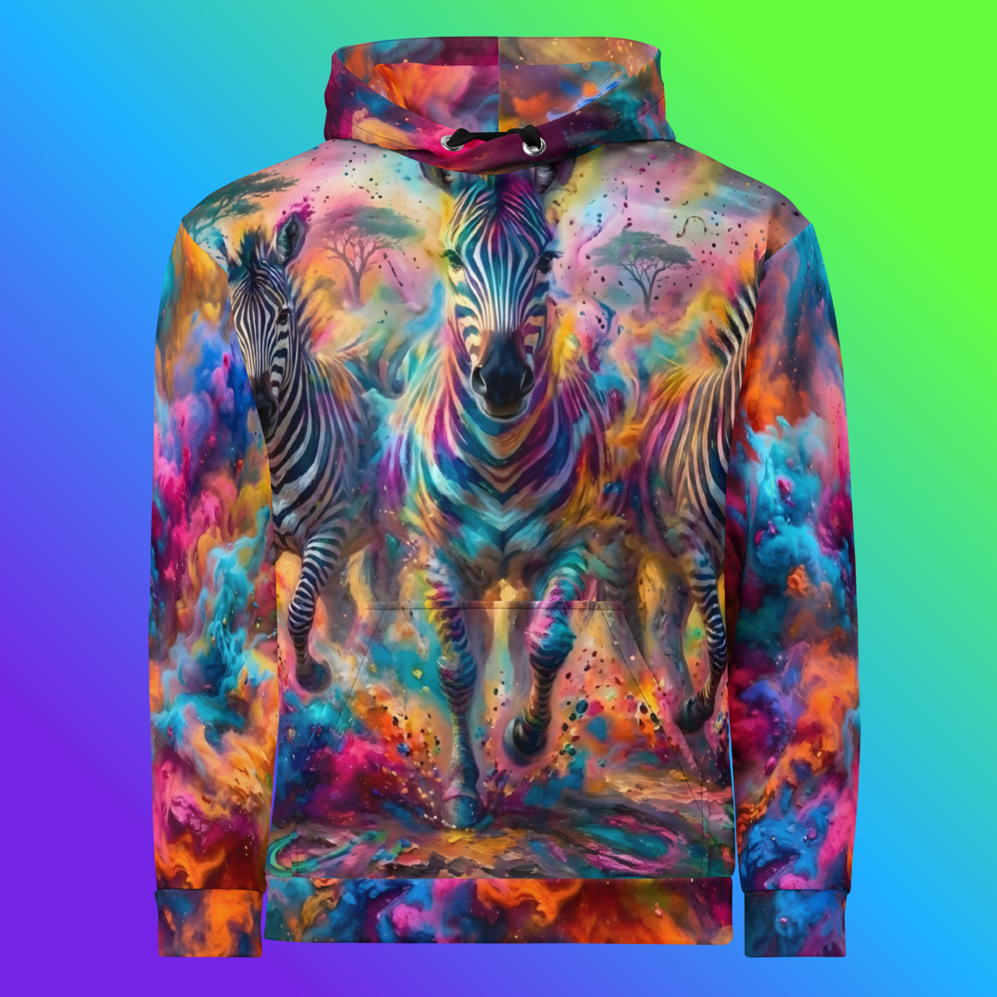 Stripes & Storms all-over print unisex hoodie front view showing three zebras charging through swirling neon paint clouds in pink, teal, orange, and gold with acacia trees in the background