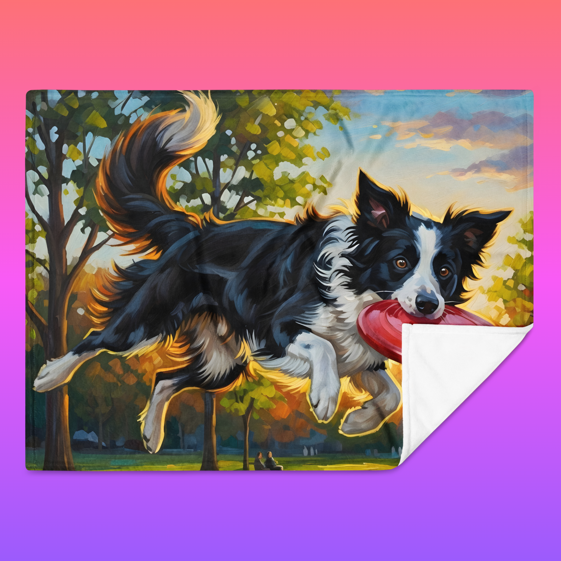 Sunset Scout throw blanket 30x40 product shot — painterly border collie Scout catching red frisbee in golden hour park scene with white sherpa backing on gradient background