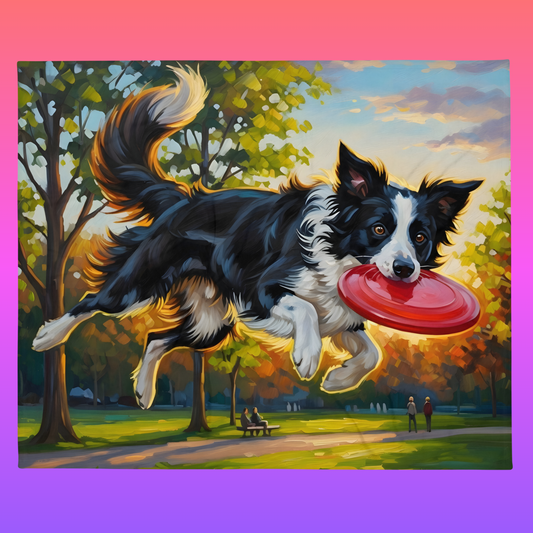 Sunset Scout throw blanket 50x60 product shot — painterly border collie Scout catching red frisbee in golden hour park scene with white sherpa backing on gradient background