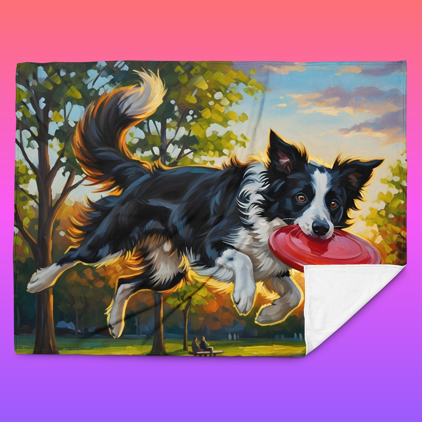 Sunset Scout throw blanket 60x80 product shot — painterly border collie Scout catching red frisbee in golden hour park scene with white sherpa backing on gradient background