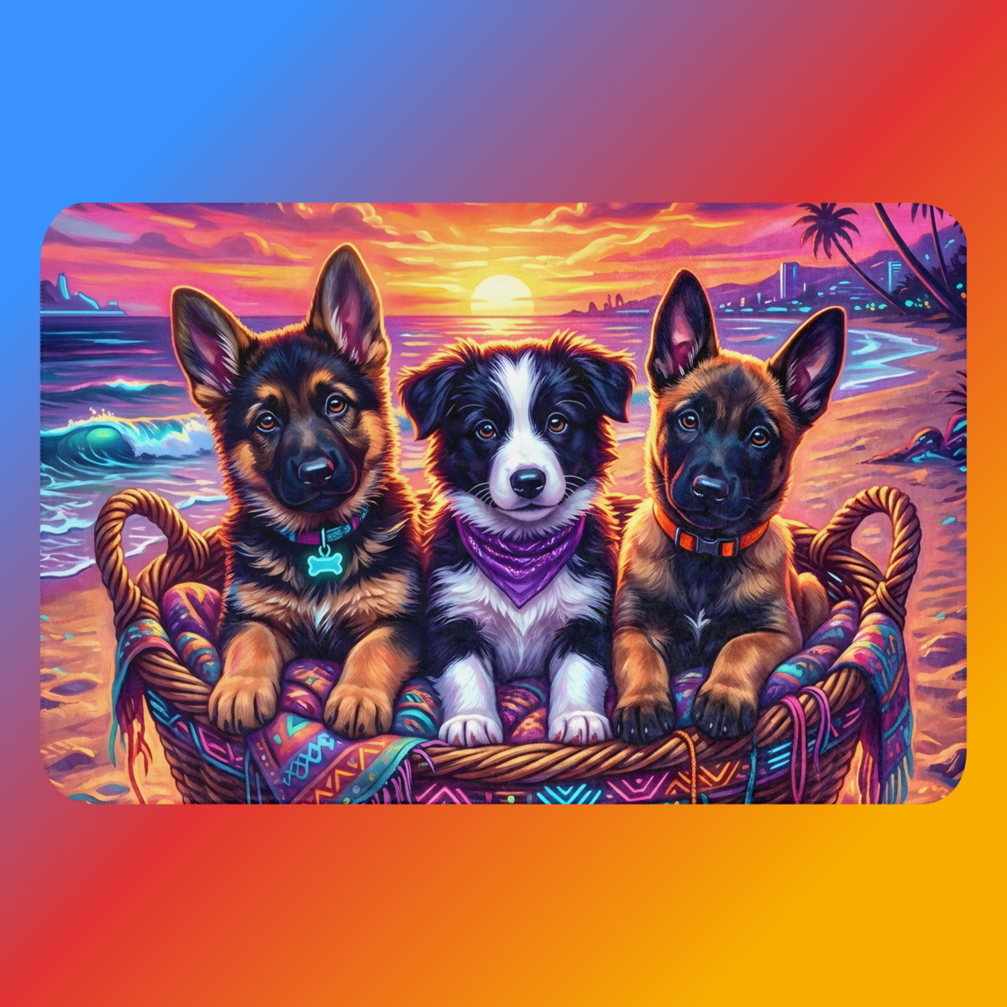 Sunset Squad Sherpa Blanket 37x57 product shot — German Shepherd puppy, Border Collie puppy with purple bandana, and Belgian Malinois puppy sitting together in a wicker basket with neon boho blanket against neon synthwave beach sunset with teal waves and palm trees with tan sherpa backing on blue-to-orange gradient background