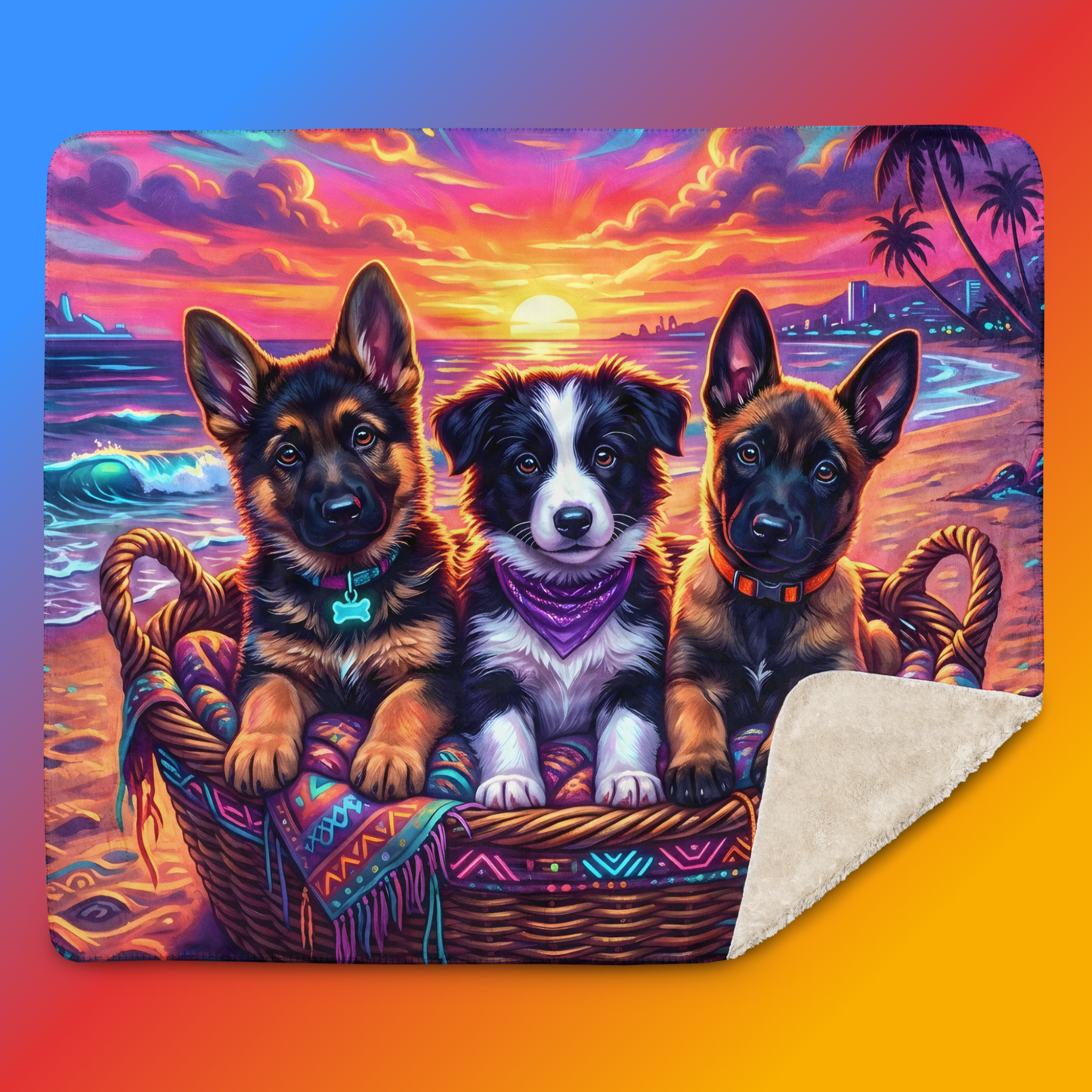 Sunset Squad Sherpa Blanket 50x60 product shot — German Shepherd puppy, Border Collie puppy with purple bandana, and Belgian Malinois puppy sitting together in a wicker basket with neon boho blanket against neon synthwave beach sunset with teal waves and palm trees with tan sherpa backing on blue-to-orange gradient background