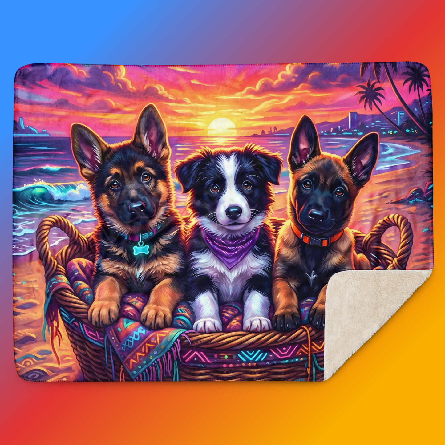 Sunset Squad Sherpa Blanket 60x80 product shot — German Shepherd puppy Border Collie puppy with purple bandana and Belgian Malinois puppy sitting together in wicker basket with neon boho blanket against neon synthwave beach sunset with teal waves and palm trees with tan sherpa backing on blue-to-orange gradient background