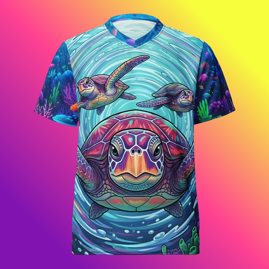 Tidal Drift Turtles all-over print unisex sports jersey front view showing a large sea turtle face and two smaller turtles swimming through a neon coral reef underwater scene.