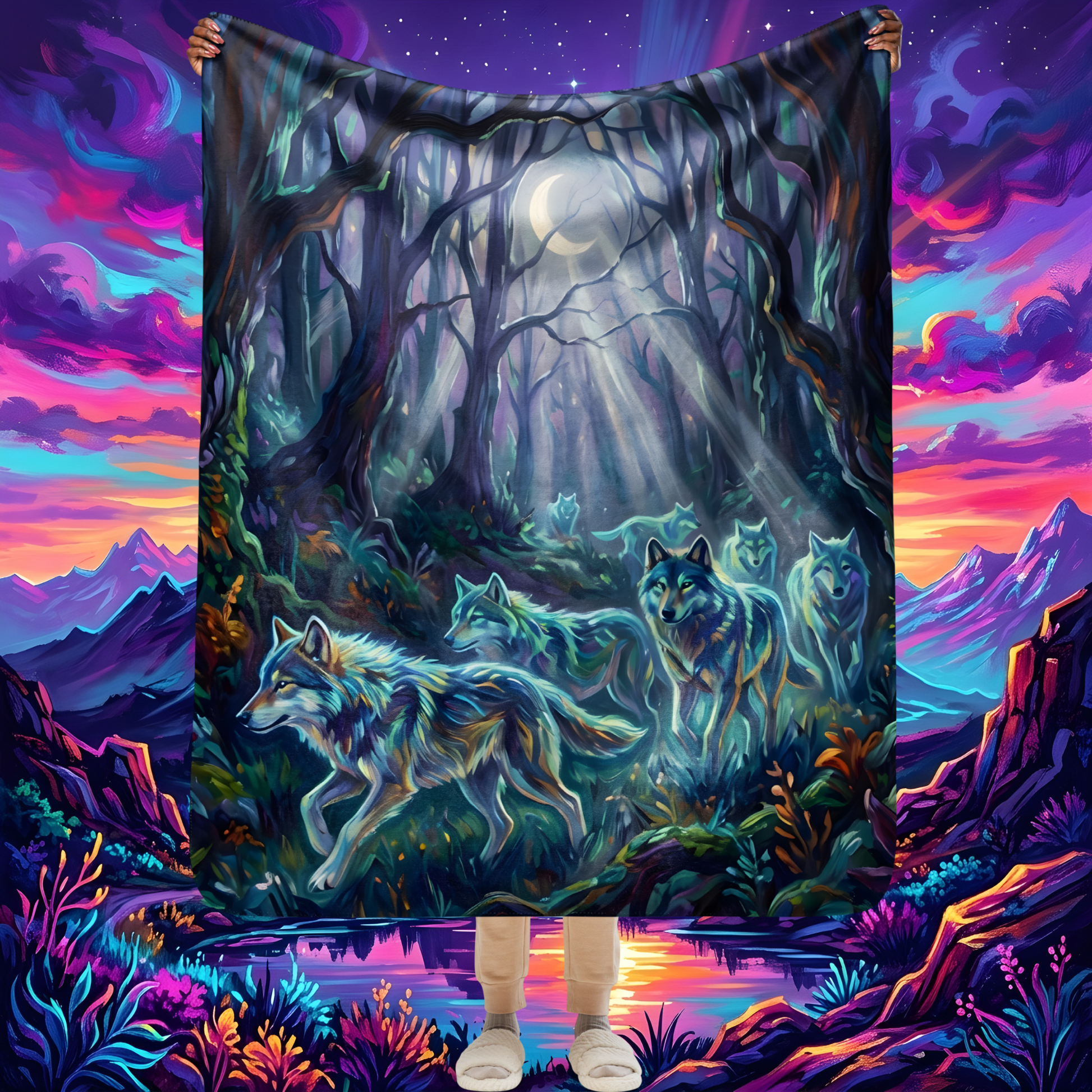 Spirit Wolfpack Sherpa Blanket product shot — 50x60 blanket draped showing pack of glowing teal spirit wolves moving through moonlit enchanted forest with crescent moon bare trees and colorful wildflowers on dark background