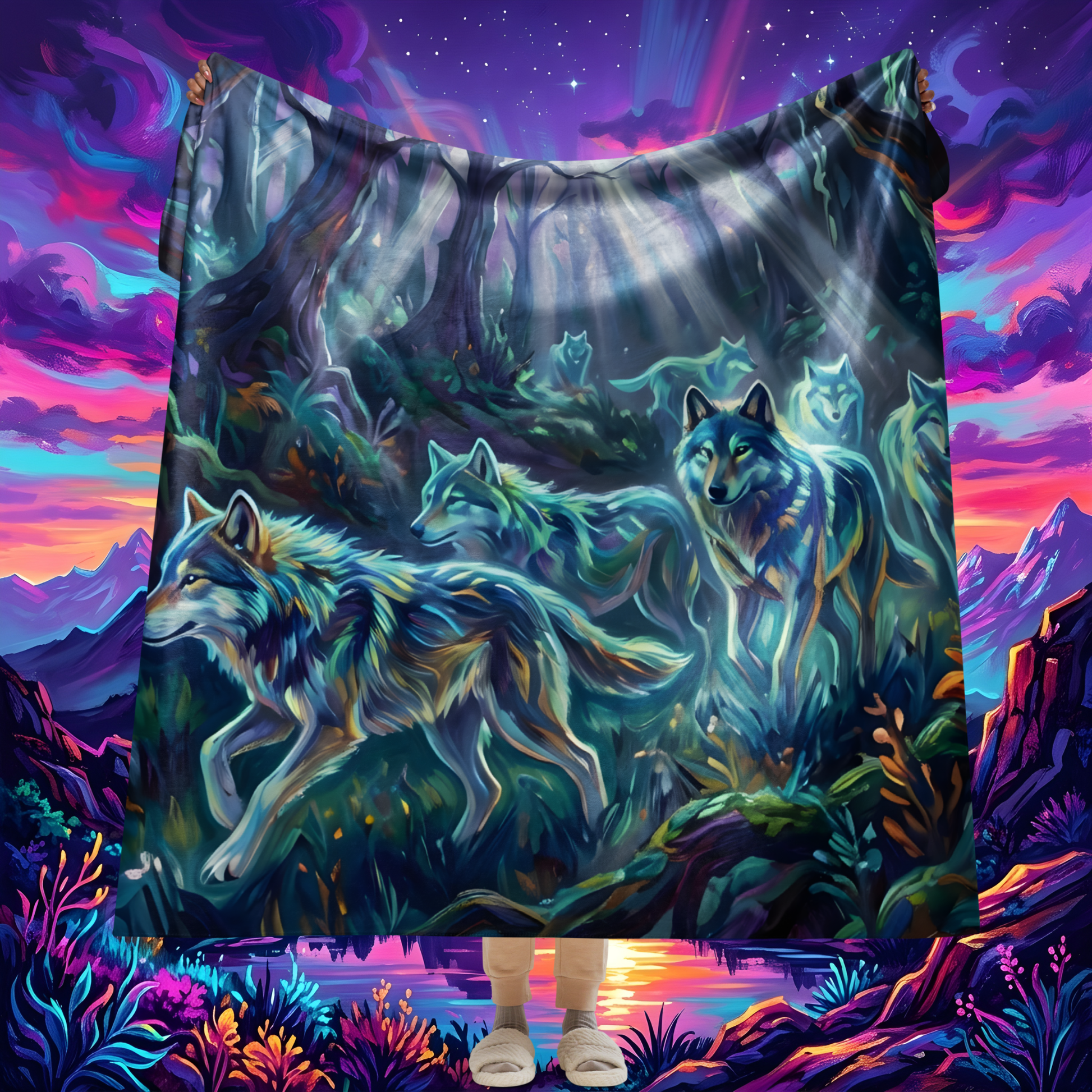 Spirit Wolfpack Sherpa Blanket hero lifestyle shot — person holding up blanket displaying pack of glowing teal spirit wolves in moonlit enchanted forest against neon synthwave landscape backdrop