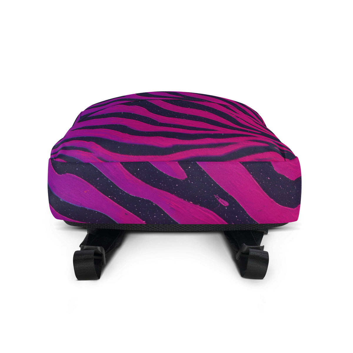 Neon Tiger Stripe backpack bottom view — purple to pink tiger stripe all-over print with black base