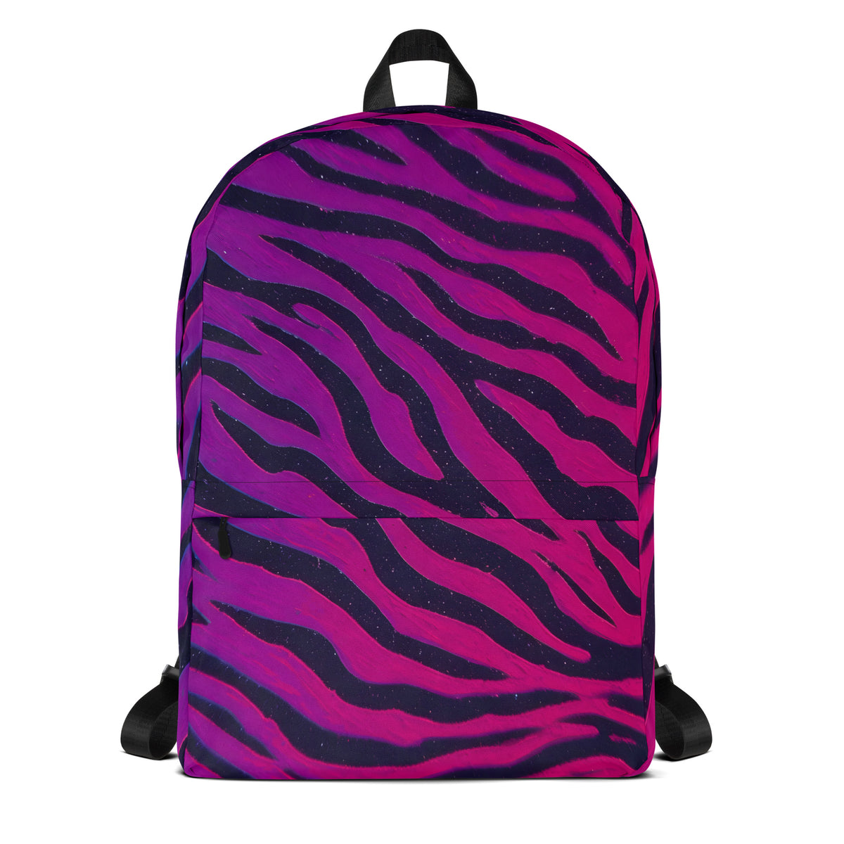 Neon Tiger Stripe backpack front view — purple to pink gradient tiger stripe all-over print