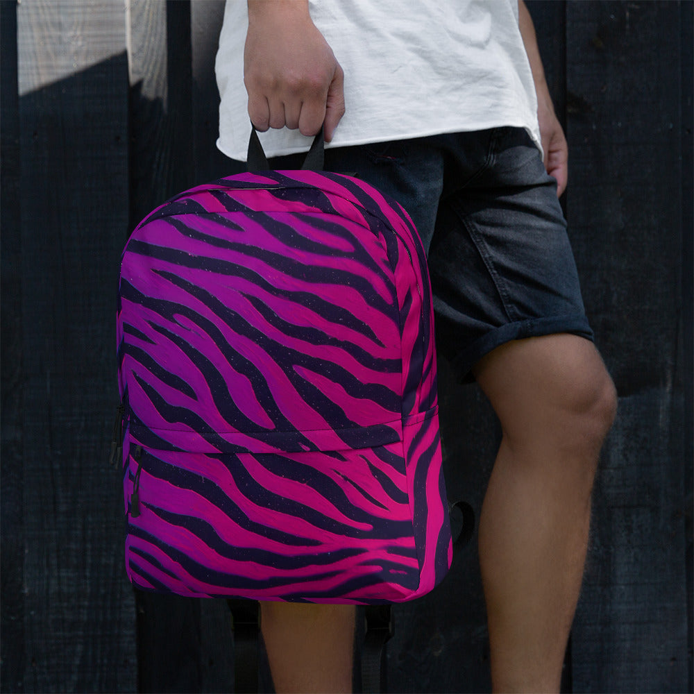 Neon Tiger Stripe backpack left side view — purple to pink tiger stripe print with black zipper hardware