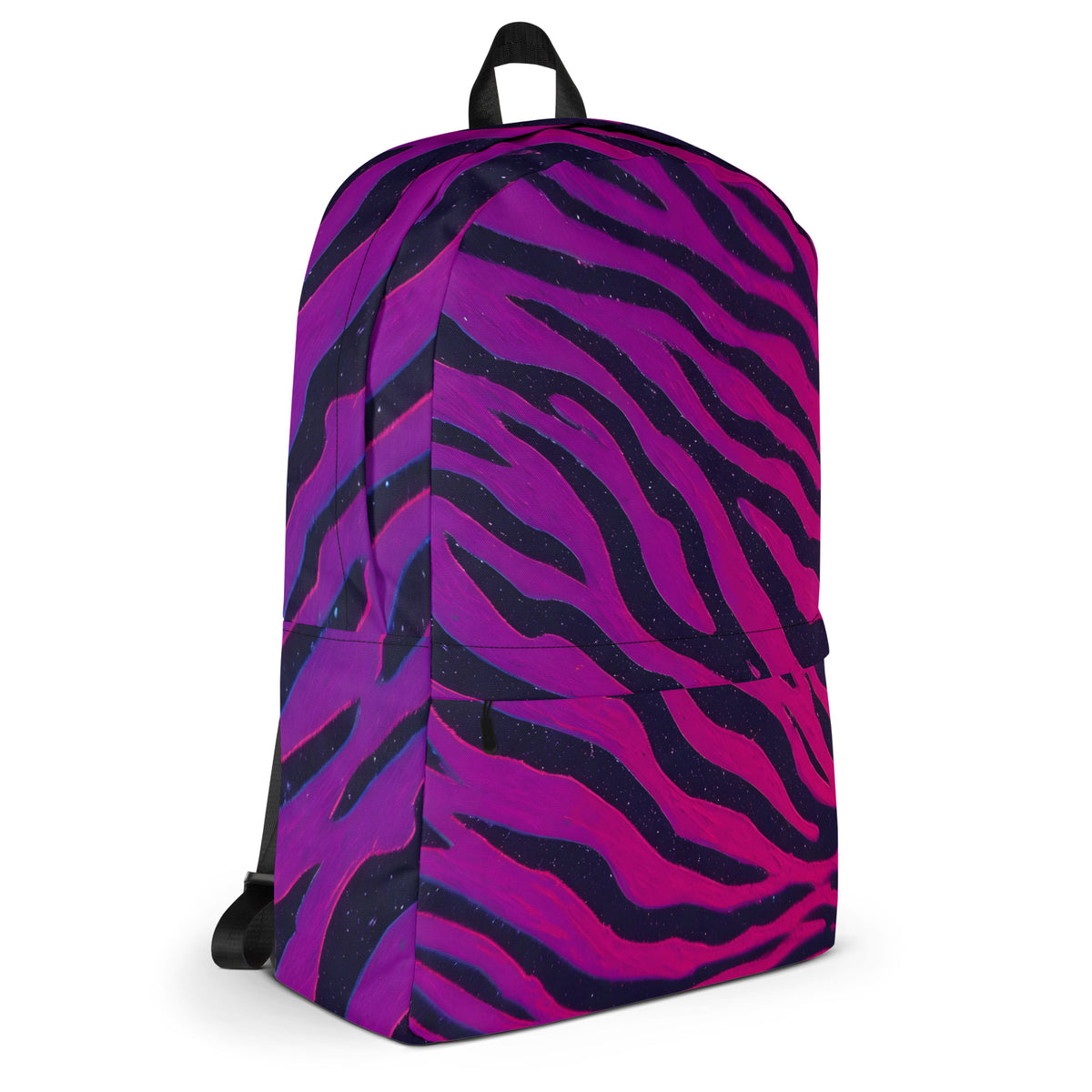 Neon Tiger Stripe backpack right side view — purple to pink tiger stripe print with black zipper hardware