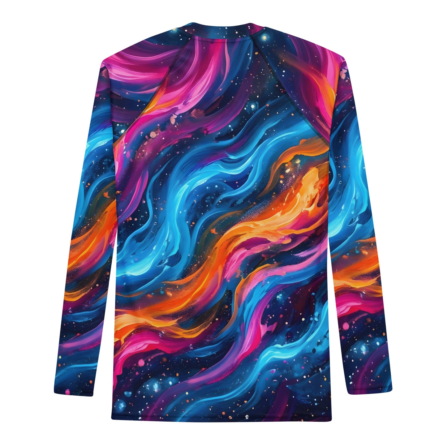 Cosmic Surge Men's Rash Guard back view showing full all-over print of swirling cosmic waves in neon blue, magenta, orange, and purple with scattered star-like paint flecks on a dark navy base