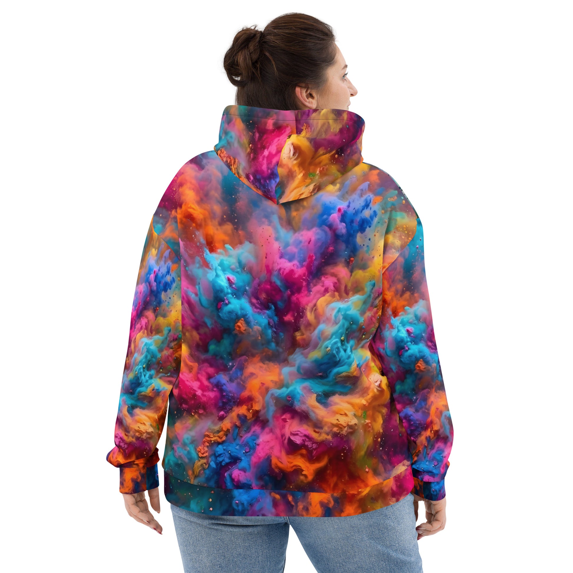 Back view of plus-size female model wearing the Stripes & Storms hoodie showing the abstract neon paint storm all-over print in swirling teal, pink, orange, and blu