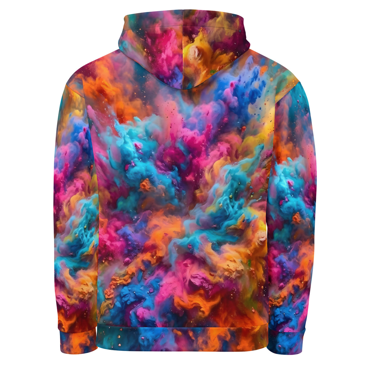 Stripes & Storms hoodie back view showing an abstract all-over print of swirling neon paint clouds in pink, teal, orange, blue, and magenta covering the entire back panel