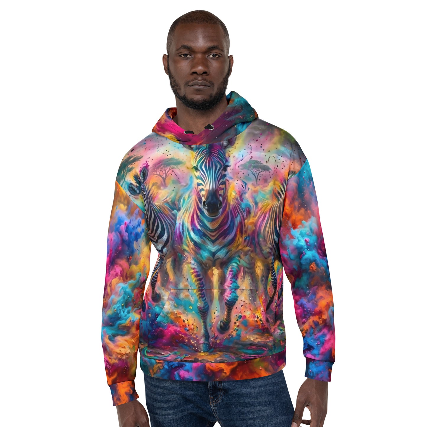 Male model wearing the Stripes & Storms all-over print hoodie featuring three zebras mid-charge through a vivid neon paint storm, front view