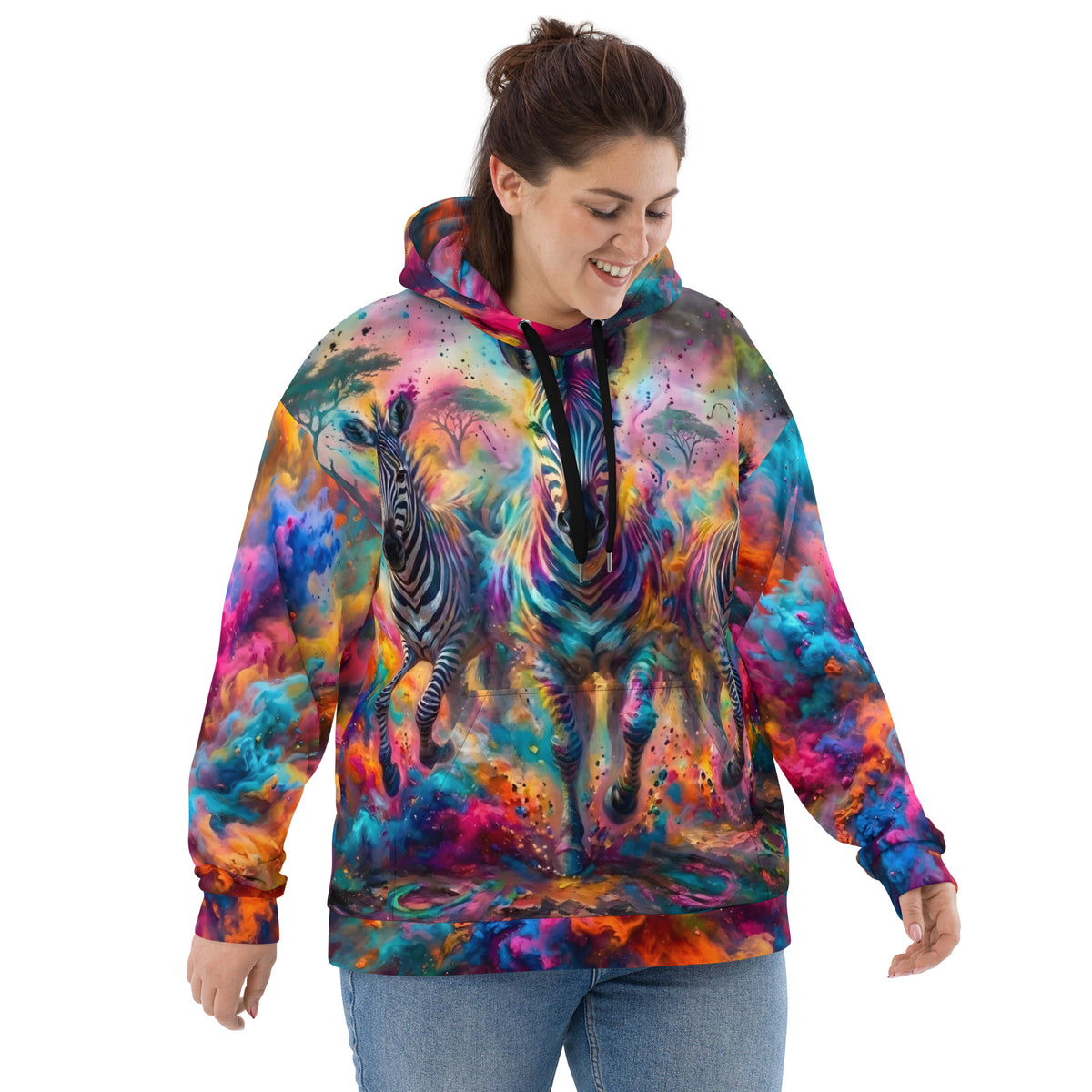 Plus-size female model smiling and wearing the Stripes & Storms all-over print hoodie with a bold neon zebra herd print in pink, teal, and orange