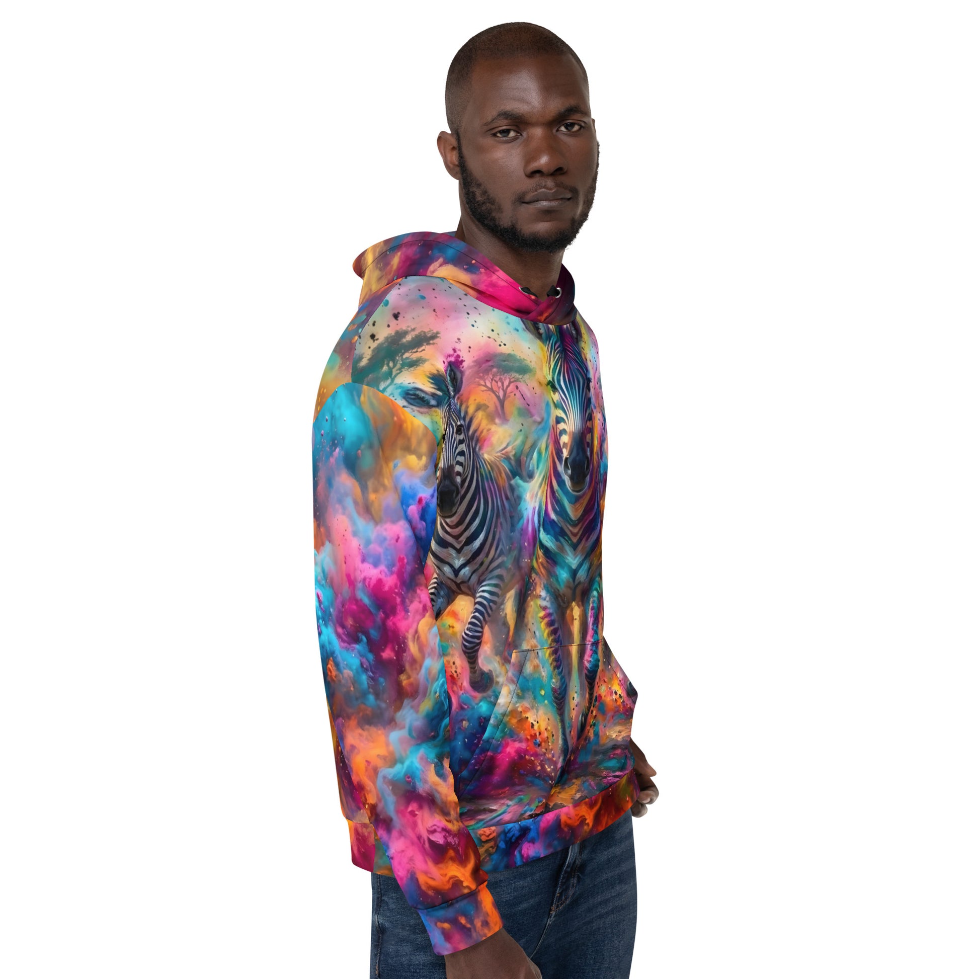 Side view of male model wearing the Stripes & Storms hoodie showing zebras and neon paint swirls wrapping around the sleeve and chest