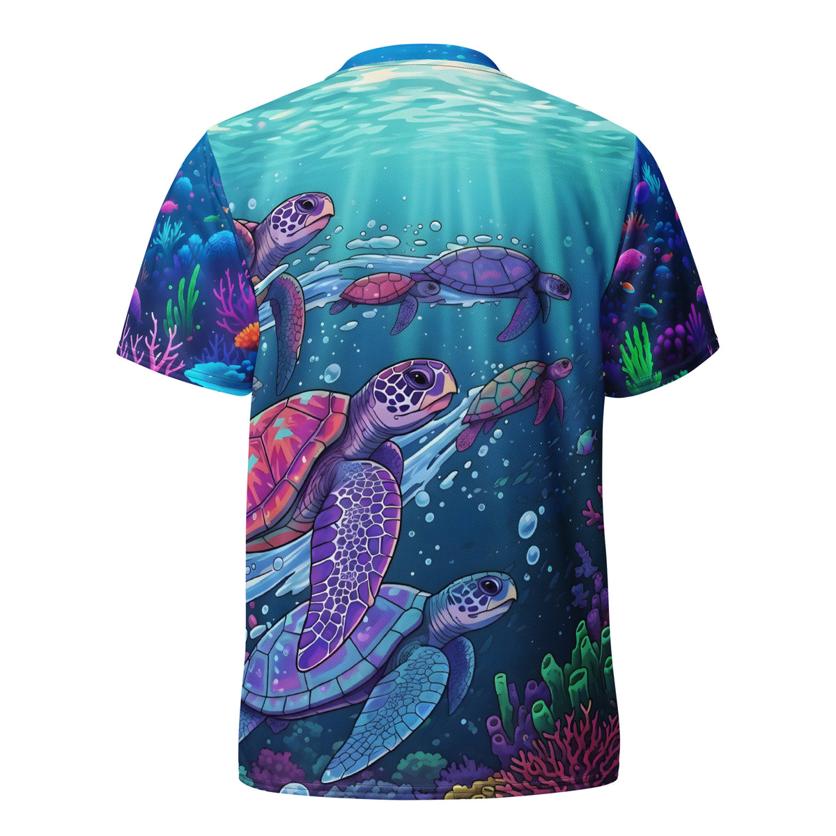 Tidal Drift Turtles sports jersey back view showing a flock of colorful sea turtles gliding through a neon-lit underwater reef with sunbeams and bubbles