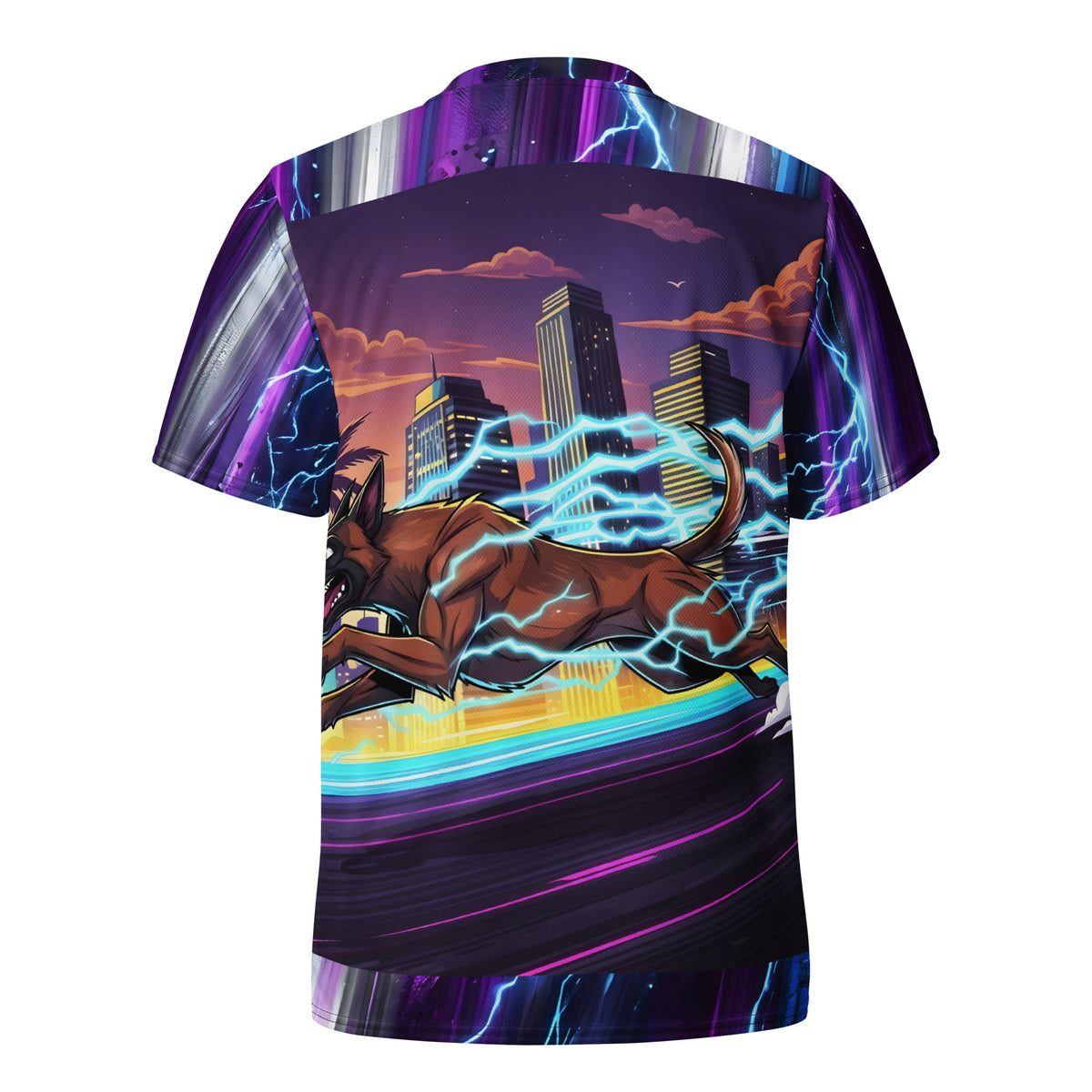 Back of the Malinois Mayhem sports jersey featuring a running Belgian Malinois, cyan lightning, and a city skyline beneath a purple sunset.