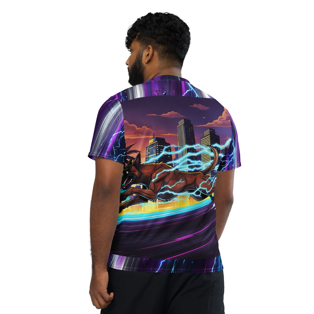 Male model showing the back of the Malinois Mayhem jersey, featuring a running Belgian Malinois surrounded by lightning against a city skyline.