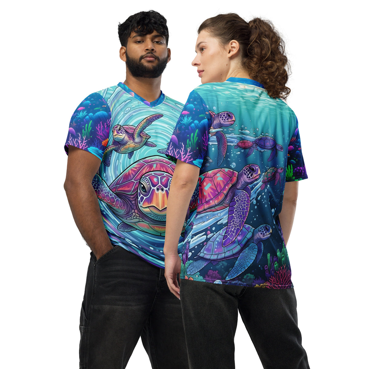 Male and female models wearing the Tidal Drift Turtles sports jersey showing both the front sea turtle portrait and the back's flowing turtle flock design in a neon underwater reef