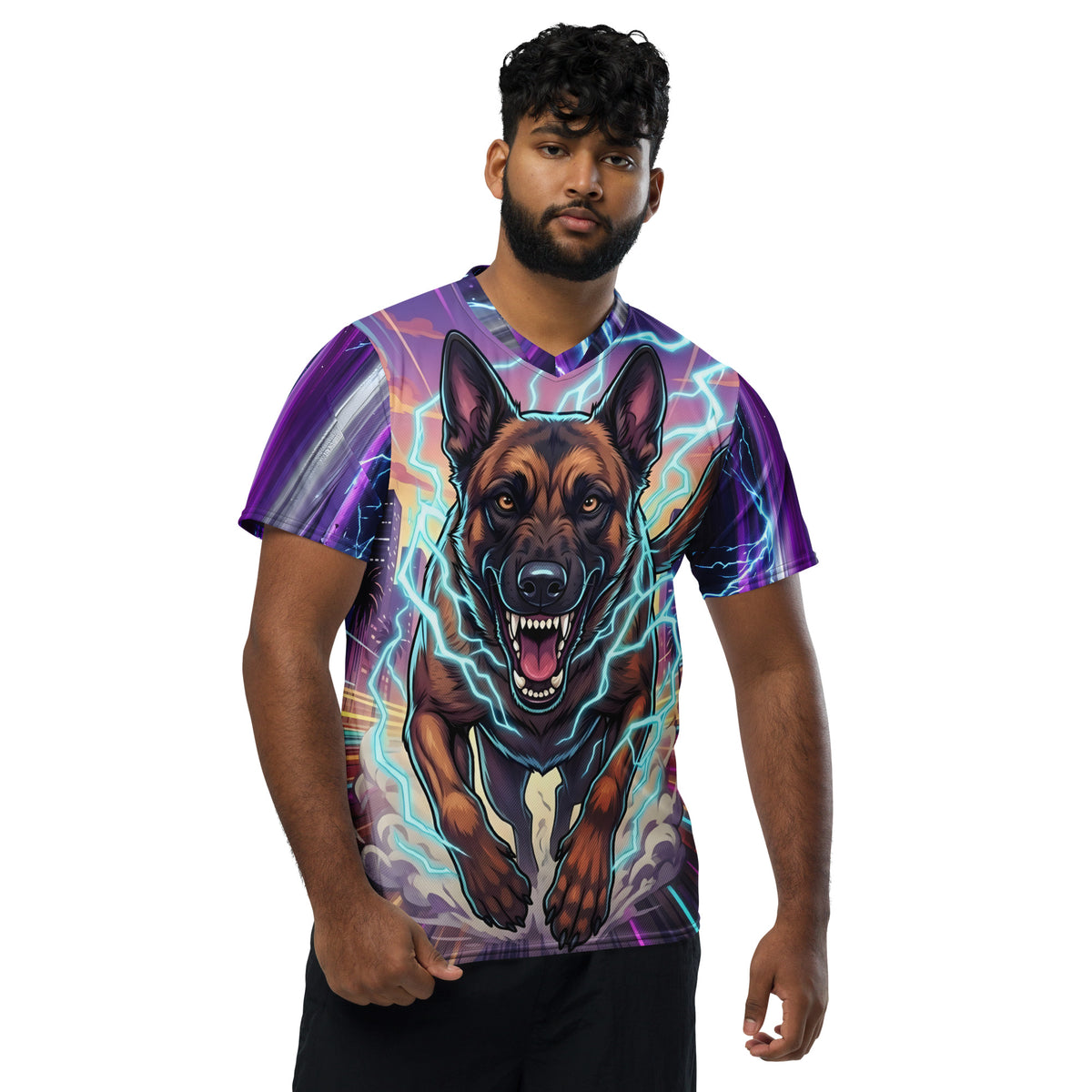 Male model wearing the Malinois Mayhem sports jersey with a charging Belgian Malinois graphic, cyan lightning, and purple sleeves.