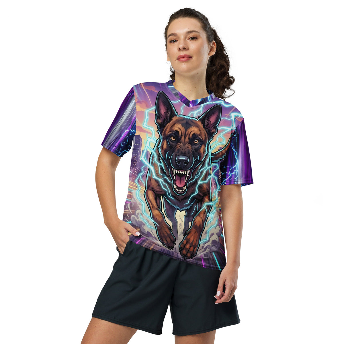 Female model wearing the Malinois Mayhem sports jersey with black shorts, showing the charging Belgian Malinois graphic and purple lightning sleeves.